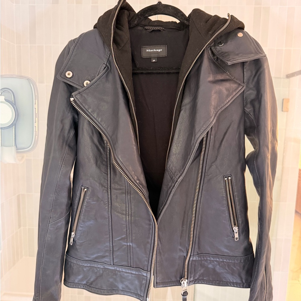 Mackage deep Navy and black lamb Leather Biker Jacket
